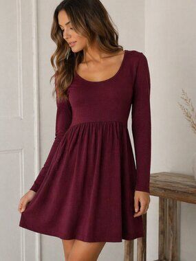 Ninexis Burgundy Red Skater Dress - Long Sleeve, Scoop Neck, Relaxed Fit